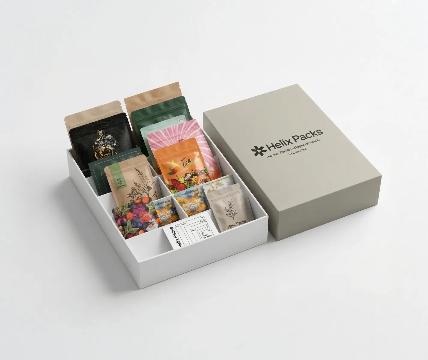 Helix Packs sample kit — premium flexible packaging samples